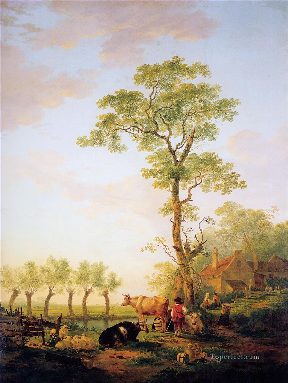 牛と農場のあるオランダの風景油絵